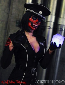 mrsachmo:  Somehow, the fact that it’s female makes it more sinister.  Cosplayer Constantine In Tokyo takes on this Lady Red Skull Cosplay with deliciously evil style. From the make up by The Art of Horror, to the costume to the look in her eyes, there’s