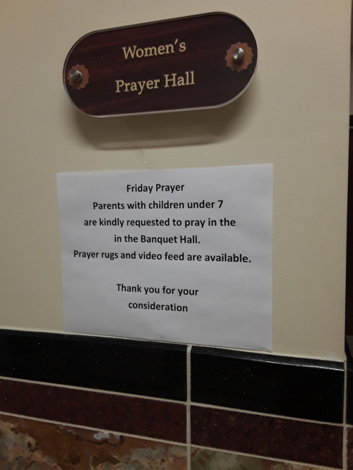 Women and men pray in the same hall, separated by a floral barrier, at MECCA, a suburban Chicago mos