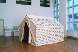 aliov:  Emily Jacir  ‘MEMORIAL TO 418 PALESTINIAN VILLAGES WHICH WERE DESTROYED, DEPOPULATED AND OCCUPIED BY ISRAEL IN 1948′ A refugee tent embroidered with the names of the 418 Palestinian villages. 