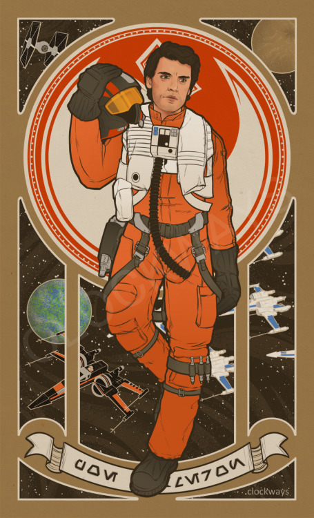 clockways:This, I believe, is finally done: Poe Dameron in the style of Alhponse Mucha. 