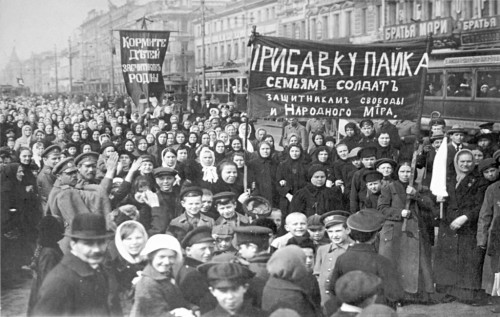 A crowd marches for bread on International Women’s Day (2/23/17) in Petrograd, Russia. This event wo