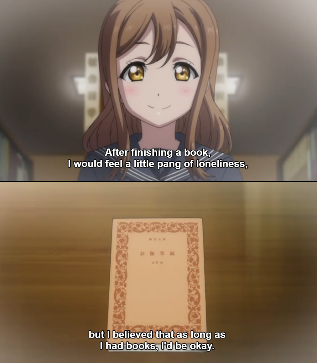 Dazai Osamu’s Fairy Tales, お伽草紙 (Otogizōshi), makes an appearance in Love Live! Sunshine!!
episode 4: Two Girls’ Feelings. This was the one scene I really relate to, and why Kunikida Hanamaru is my favorite character (okay, so her family name being...