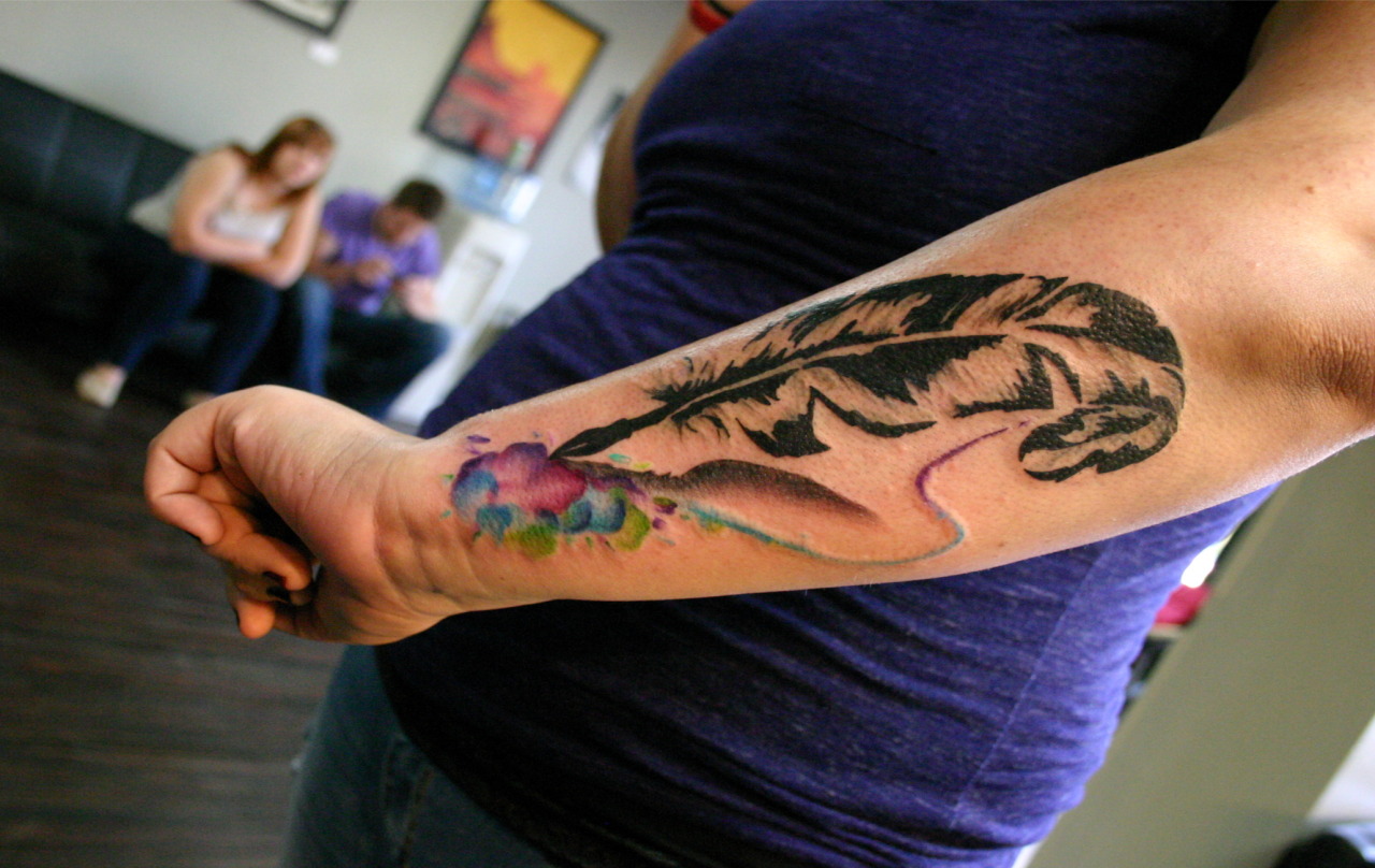 fuckyeahtattoos:  Quill pen with watercolor bursts by Leah Williams, Ananda Art and
