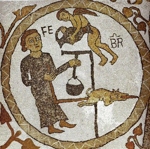 romebyzantium: ‘’Woman roasting a suckling pig, a vessel with boiling water nearby’’, 12th century m