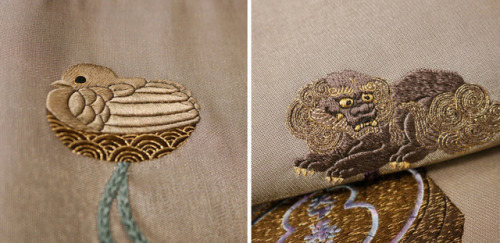 Antique obi, featuring inro (waist boxes), one with pine and ume blossoms with shishi lion netsuke, 
