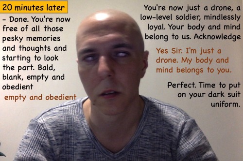 Trying some hypnosis photo manipulation serie, brainwashing into a bald drone soldier. Tell me what 