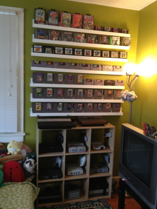 My room for old ass games.I built the arcade cabinet and the white shelves.I completed the shelves l