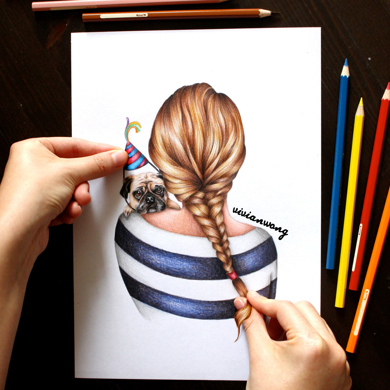 Vivian Wong — Fishtail Braid & Pug | Colouring Pencils (Find me...