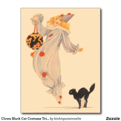 Clown Black Cat Costume Trick Or Treat Postcard - $1.10 Made by Zazzle Paper Vintage Halloween print