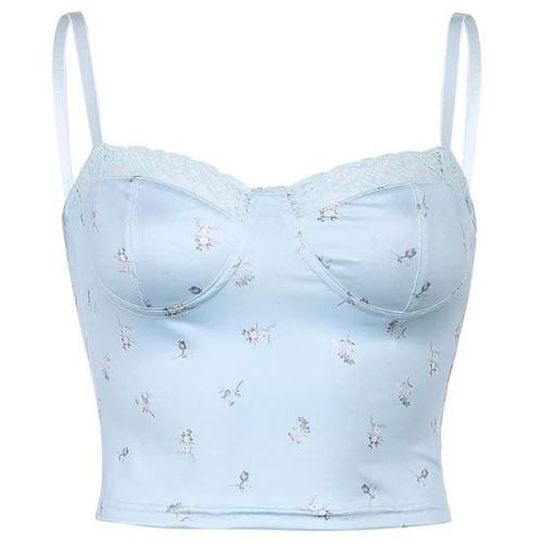 Coquettefashion:blue Y2K Tops Satin Floral  |   Lace Panel Bustier  Lace Ribbed