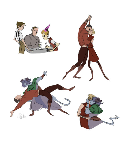 [id: sketches of blumentrio and Jester. on first Bren, Astrid and Eadwulf as kids gathered around a 