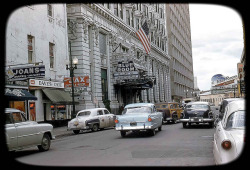 adamscoren:  Entrance to the Roosevelt Hotel and the New Blue Room on Carondulet - 1960 by vieilles_annonces on Flickr. 