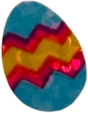 sticker of a blue, pink, purple, and yellow easter egg, with a zigzag pattern. it has a shiny foil finish.