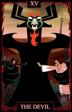 chillguydraws:   My newest illustration class project for redesigning a tarot card. I went with designing the Devil card with Samurai Jack, Aku, and Ashi.   ________________________________________________Support my Patreon to get first looks at all my