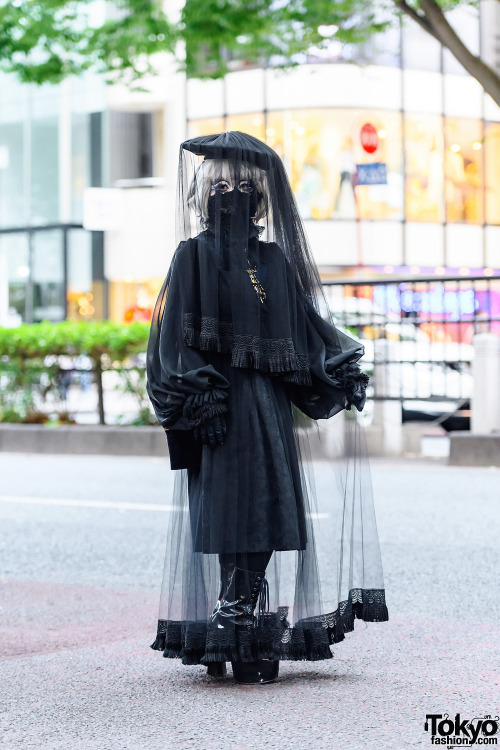 tokyo-fashion: Japanese shironuri artist Minori on the street in Harajuku wearing dark handmade, rem