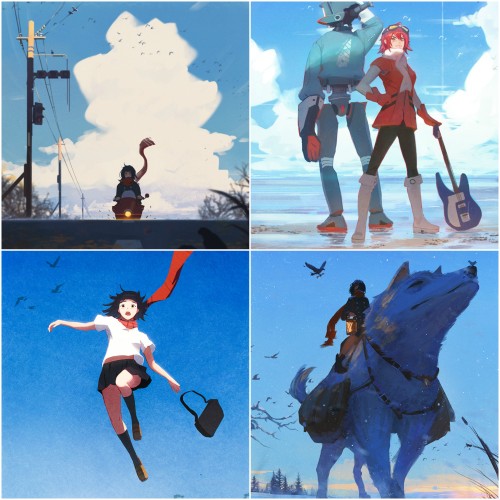 Some of my blue sky works~ Top right and bottom left are my fanarts of FLCL and The Girl who Leapt t