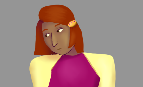 A digital painting of a redhead gerudo woman, looking pensive. She's wearing bright yellow and pink clothes and a big hair clasp. She is looking a little to the left. 