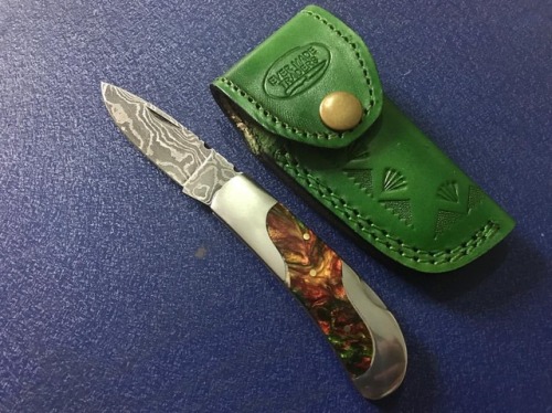 #Handmade #damascus #folding #knife for #sale #with #leather #sheathPm me or comment below for more 