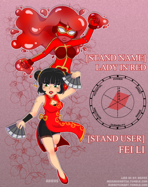 aubreylimart:I officially introduce my JoJo OC Fei Li and her blood manipulating Stand Lady in Red. 