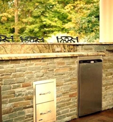 PatioLarge Backyard Concrete Paver Patio Kitchen Photo