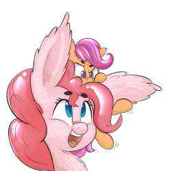 finalskies: kekerino: HAPPY BIRTHDAY TO @finalskies!!!  Scootaloo is utterly bemused by these big fluffy things on Pinkie’s head. Someday you too will have giant fluffy ears, Scootaloo.  x3 &lt;3