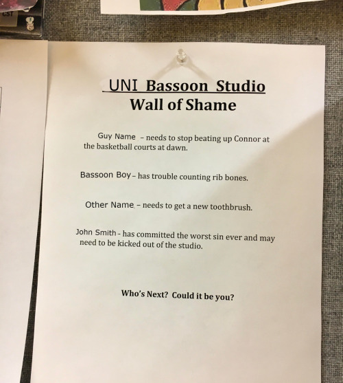 classical-crap:found this on the bassoon professor’s door (changed the names for privacy) the 