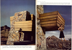 midcenturymodernfreak:  1942 Harpers Bazaar Shoot at Rose Pauson House | Diana Vreeland Spread | Photos: Louise Dahl-Wolfe | Shiprock, Arizona In 1943 the house burned down when a fallen ember from the fireplace ignited a hand-woven curtain on a nearby