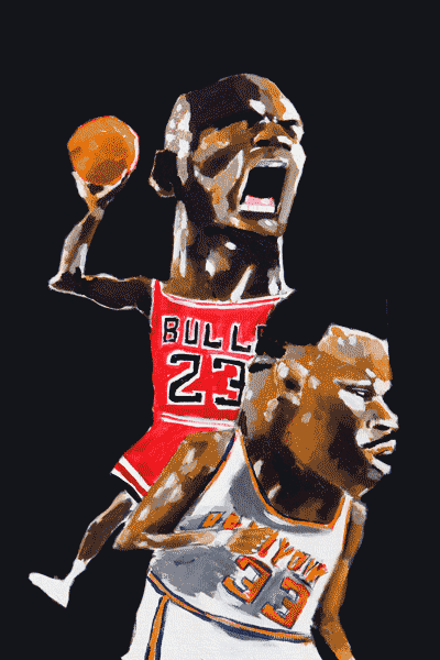 Michael Jordan posterizes Patrick Ewing. Prints available at www.etsy.com/shop/choateart