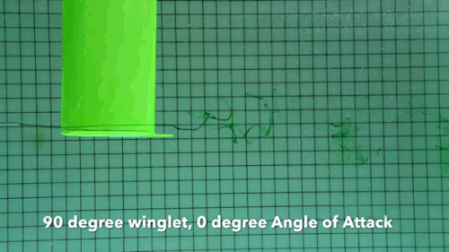 fuckyeahfluiddynamics:  In flight, airplane wings produce dramatic wingtip vortices. These vortices reduce the amount of lift a 3D wing produces relative to a 2D one. How much they influence the lift depends on both the strength and proximity of the vorte