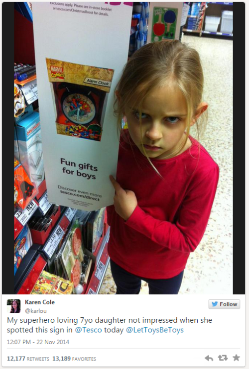 Tesco Stops Gendering Superhero Toys After Image Of Disapproving Little Girl Goes Viral&ldquo;As a f