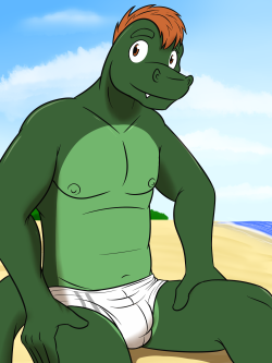 Beauford on the beachBuff gator dude, who’s forced to wear