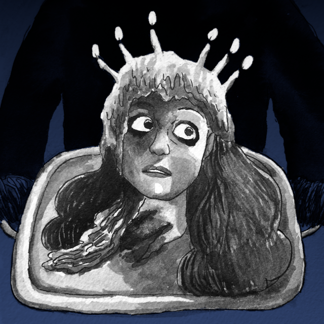 An ink drawing of a scene from Creepshow. It features a woman's head with candle's melting into it on a platter.