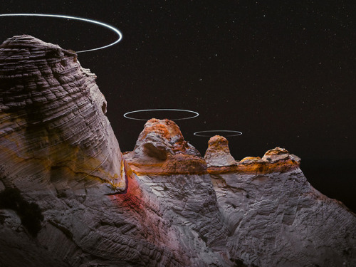 itscolossal:Long Exposure Photos Capture the Light Paths of Drones Above Mountainous Landscapes