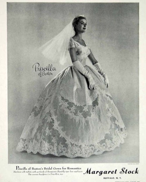 Ad by Priscilla of Boston featuring a waist length veil and opera gloves, 1956.#priscillaofboston 