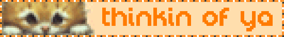 a pale orange blinkie with orange text that reads 'thinkin of ya', with a pixelated image of an orange kitten on the left