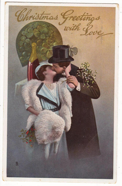 fawnvelveteen:Vintage CHRISTMAS Postcard, Romantic Couple, Fur and Fashion, 1913