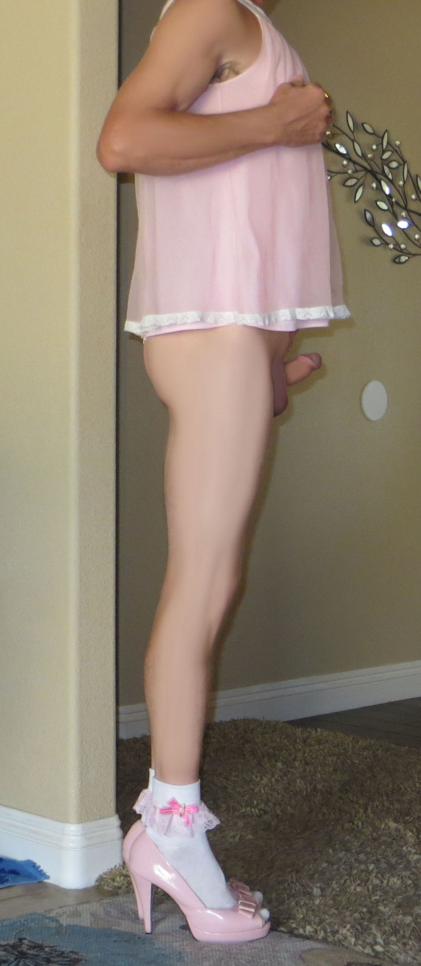 yoursissyfag:pretty sheer pink babydoll nightie, cute lacy anklet socks, pink cum