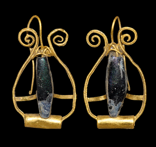 archaicwonder:Roman Gold Lyre-Shaped Earrings, 2nd-3rd Century ADWith iridescent blue glass blocks f