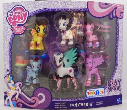 appelknekten:  fearingfun:  myponynews:  Remember those goth ponies we saw at this year’s Toy Fair? Well, here they are in package! As suspected they are Toys R Us exclusives and part of a line called Pony Mania. It looks like they will be the equivalent