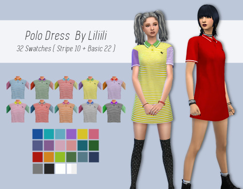 liliili-sims:Polo Dress32 Swatches ( Stripe 10 + Basic 22 )Base Game CompatibleDownload ( simfilesha