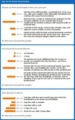 Thanks to all who voted in the poll to decide how A Cocky Jock’s Attitude Adjustment will continue in part 4 this Saturday. The winning votes are shown above.  Check out the continuation of the story this weekend.If you haven’t read this story yet