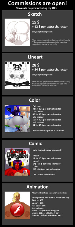 zarike:  Commissions are open! Commission price sheetEmail me at fredklevland@hotmail.com if you want one!About the discount: Any picture that contain any of my OC’s will be discounted. If they are solo 50% of, and you can add them to your commission