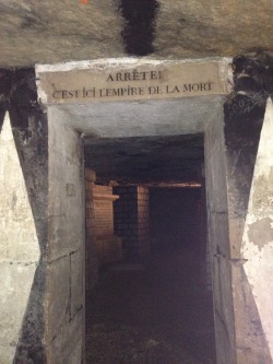 emmatheseed:The Catacombs in ParisCarved into the limestone a second city runs underneath Paris and I was lucky enough to get to visit the bits officially open to the public. Initially you wander down nearly 100 stairs before reaching the tunnels, along