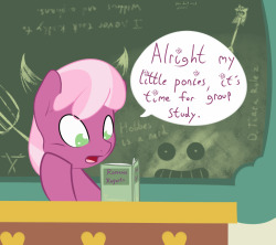ask-glittershell:  Back to class! (Hiatus over, gonna try and update 2 to 3 times a week for a while)  X3 Oh, Snails Glitter~ You silly pone. And I see that book title, Cheerilee~! ;3 That&rsquo;s a great fic~! 