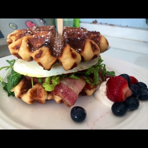 Kitchen play. Waffle burger for Ryan! Photo by Kris @cassavasf (at Cassava)