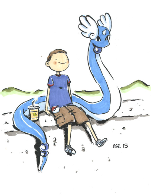 caityhallart:This commission was so much fun to do! Thanks to Dylan for ordering it! Dylan with his dream pokemon Dratini throughout their lives. 