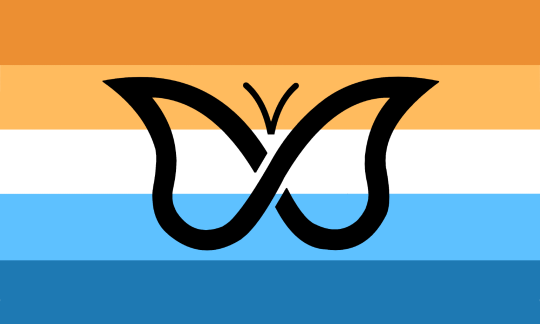 A flag with five horizontal of the same sizes. Their colors are, from top to bottom, orange, pastel orange, white, cyan and light blue. There is a black butterfly symbol in the center of the flag.