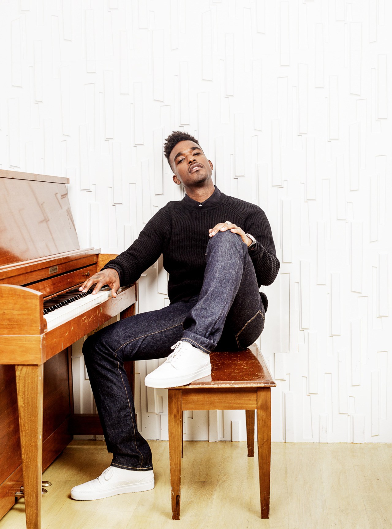 gap:  Singer-songwriter Luke James picks a Gap sweater for a comfortable piano session.