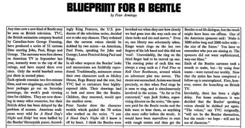 colsmi:  Four of Peter Sander’s character sheets for 1965′s TVC Beatles cartoon show, as printed in March 6th 1966′s Sunday Times Magazine. And because it’s often interesting to read something direct from the period, I’ve included the Peter