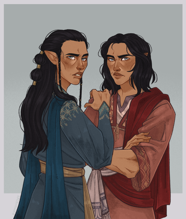 Elrond and Elros, now as young adults. Elrond had long hair and is wearing a blue robe. Elros has shoulder-length hair and is wearing a red tunic and shawl. Both are looking judgementally